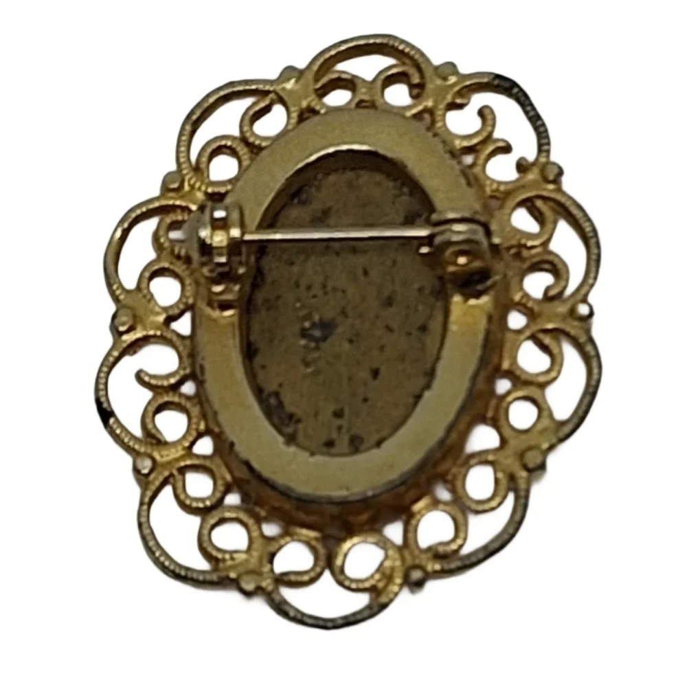 Vintage Italian Micro Mosaic Floral Brooch - Intricate Gold Tone Scroll Frame
